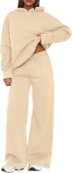 Fleece Hooded Sweatshirt & Wide Leg Sports Pants Set – Casual Wear, Outdoor Activities