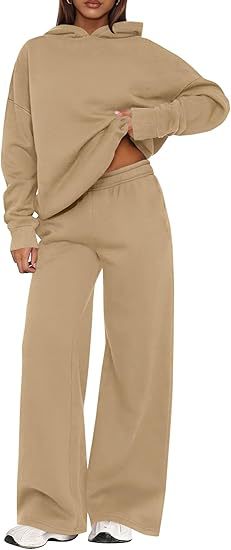 Fleece Hooded Sweatshirt & Wide Leg Sports Pants Set – Casual Wear, Outdoor Activities