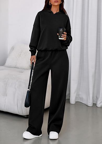 Fleece Hooded Sweatshirt & Wide Leg Sports Pants Set – Casual Wear, Outdoor Activities