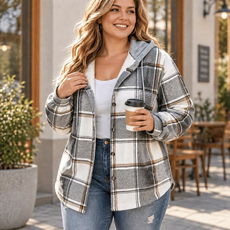 Plaid Fleece Lined Hooded Jacket for Women - Casual Winter Outerwear