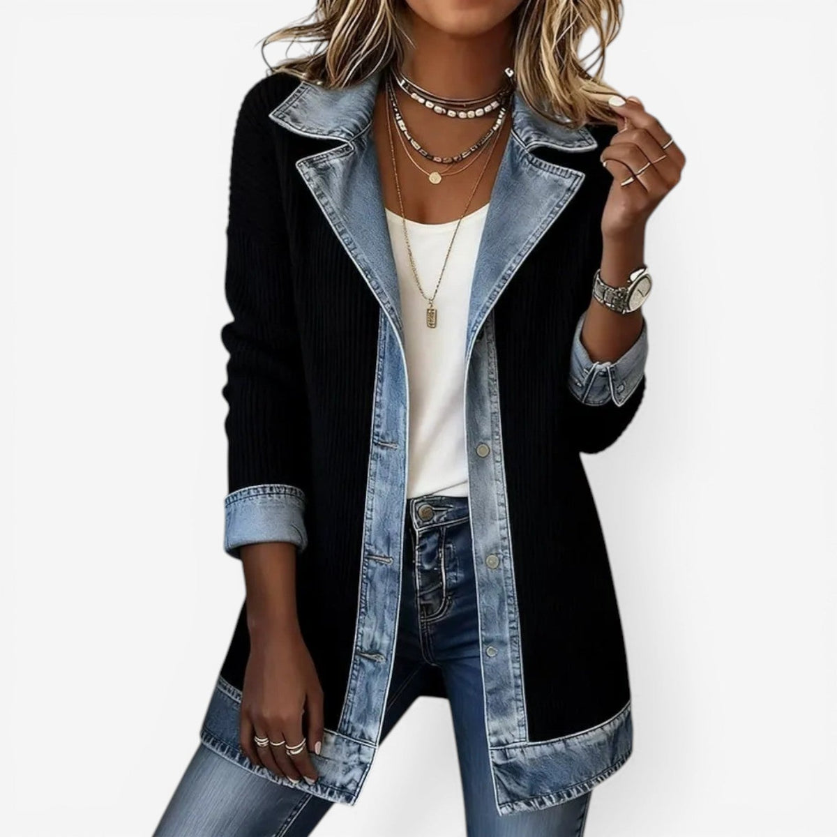 Layered Collar Button Jacket | Women's Elegant Outerwear | Fashionable Layering Piece