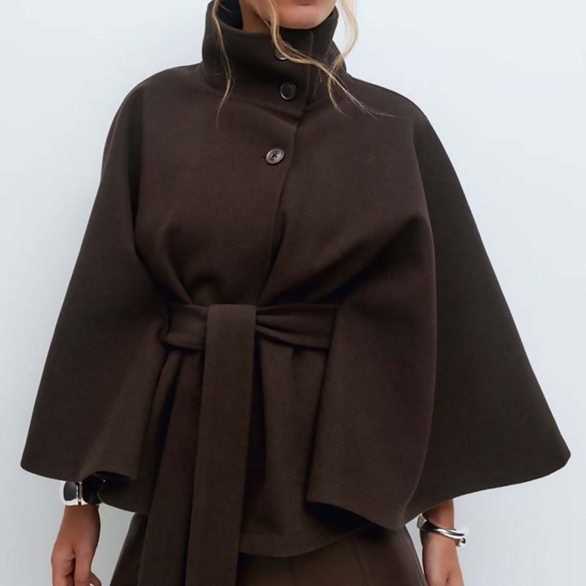 Women's Autumn | Winter Solid Color Cape Trench Coat – Stand Collar, Button Front, Belted Design, Elegant Fashion