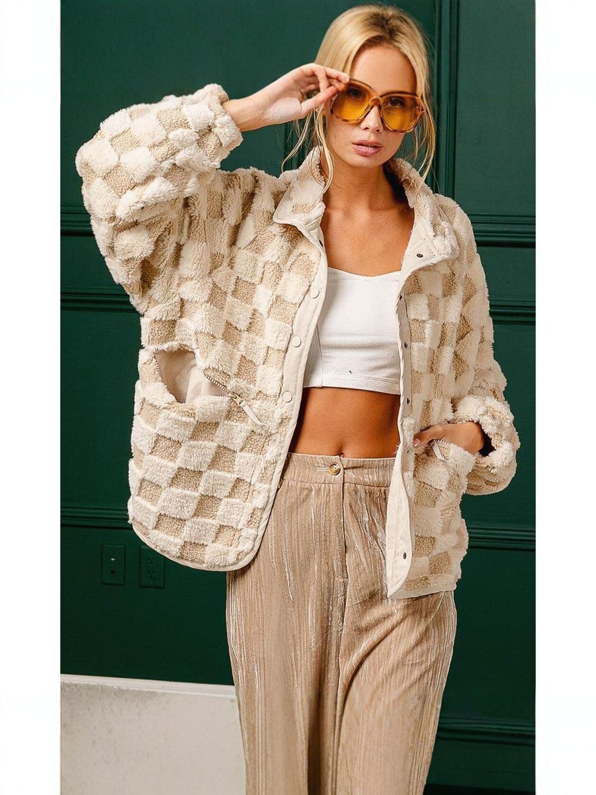 Plaid Faux Fur Coat for Women – Autumn/Winter Warm Jacket, Turn-Down Collar, Short Plush Design