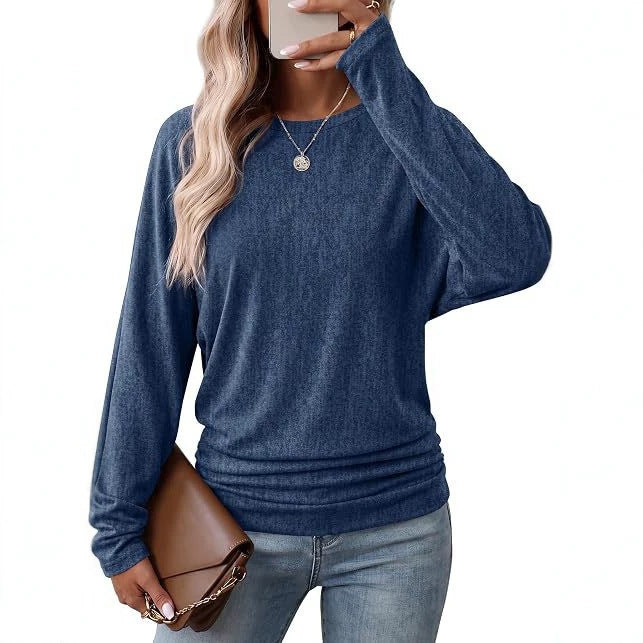 Women's Knit Top - Round Neck, Long Sleeve, Batwing, Casual Loose Fit, Side Ruched