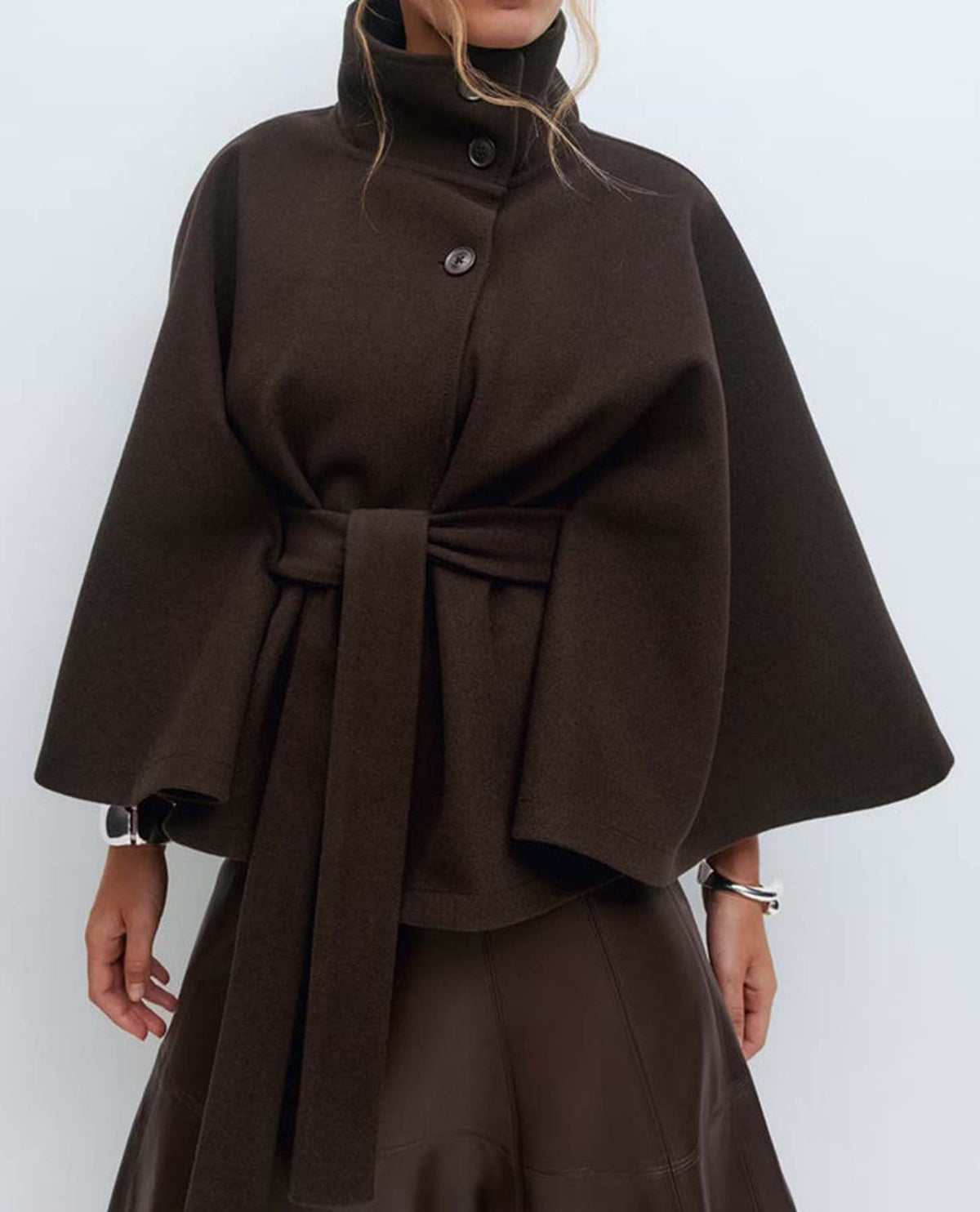 Women's Autumn | Winter Solid Color Cape Trench Coat – Stand Collar, Button Front, Belted Design, Elegant Fashion