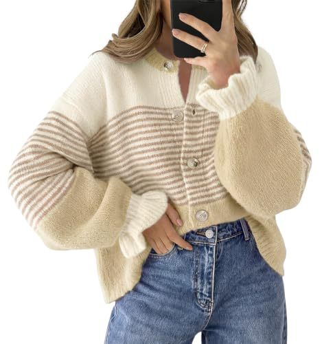 Striped Color-Blocked Knit Cardigan Sweater Jacket for Casual Wear