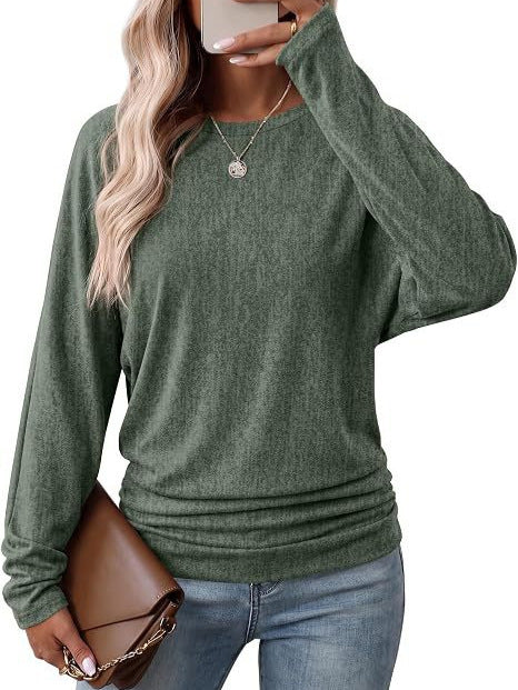 Women's Knit Top - Round Neck, Long Sleeve, Batwing, Casual Loose Fit, Side Ruched