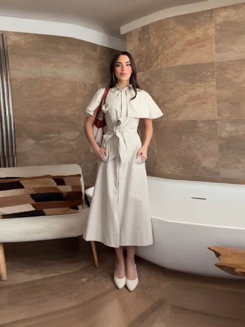 Shawl Sleeve Tie Waist Dress - Long Skirt Shirt Dress for Women