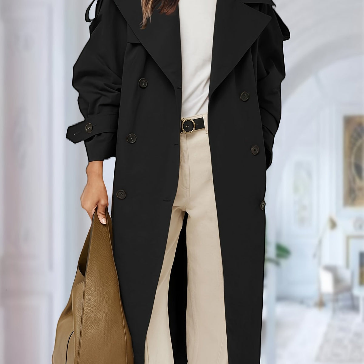 Oversized Double-Breasted Trench Coat - Loose-Fitting Long Outerwear