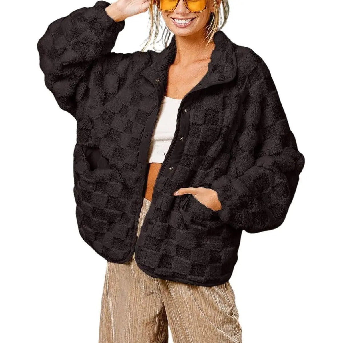 Plaid Faux Fur Coat for Women – Autumn/Winter Warm Jacket, Turn-Down Collar, Short Plush Design