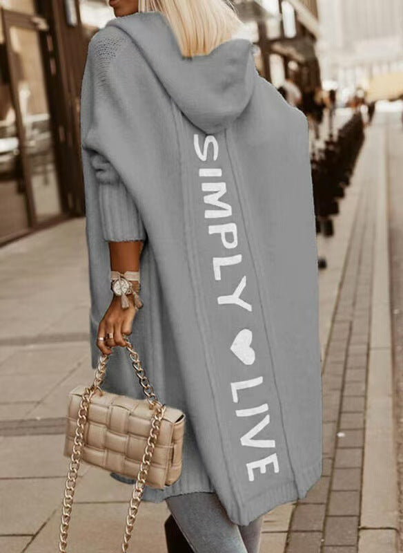 Long Cardigan Sweater with Hood and Turn-Down Collar for Autumn/Winter Wear