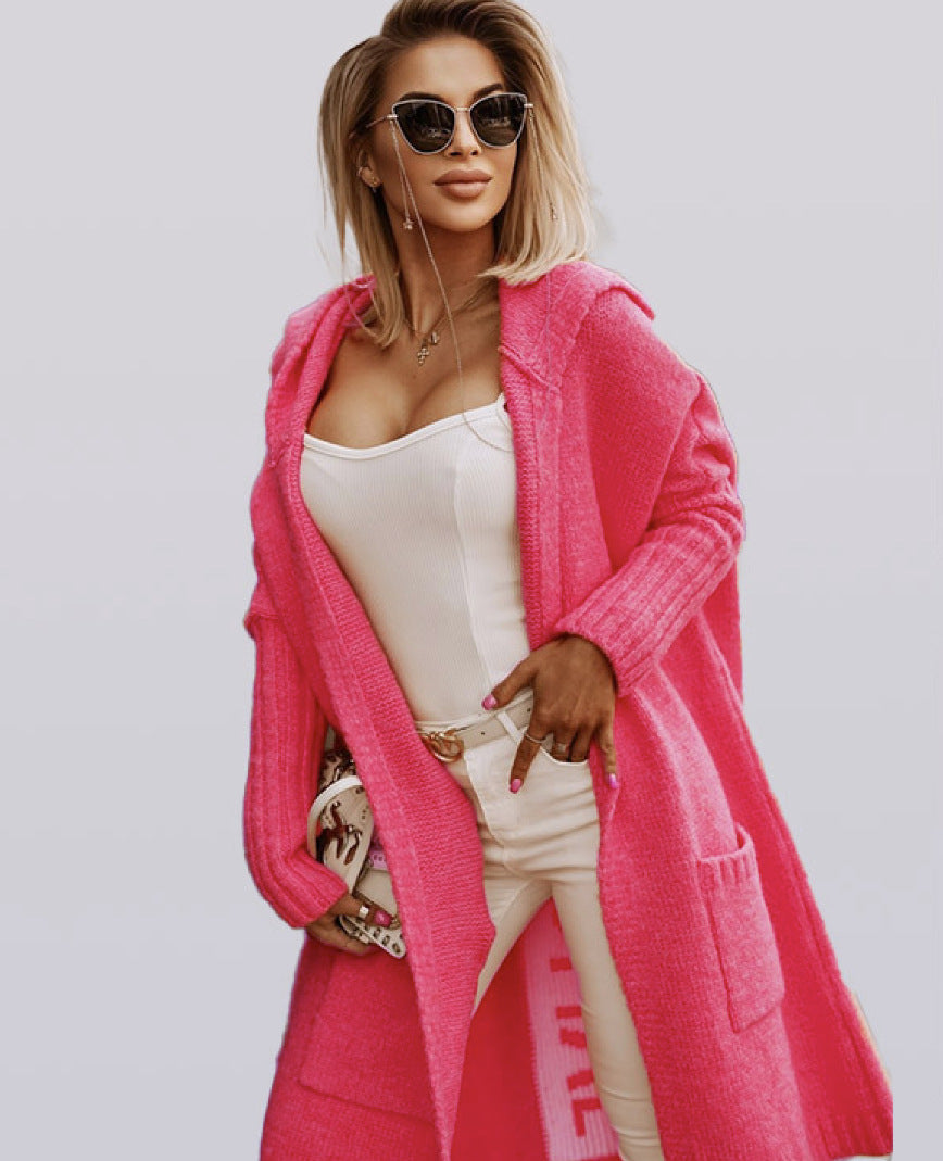 Long Cardigan Sweater with Hood and Turn-Down Collar for Autumn/Winter Wear