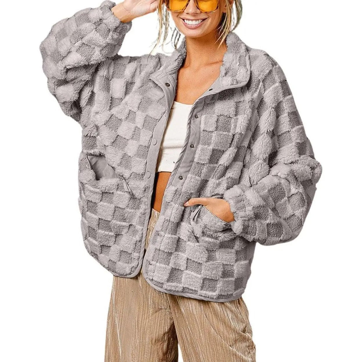 Plaid Faux Fur Coat for Women – Autumn/Winter Warm Jacket, Turn-Down Collar, Short Plush Design