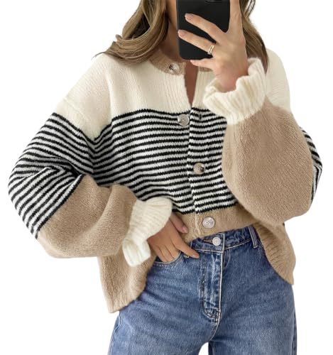 Striped Color-Blocked Knit Cardigan Sweater Jacket for Casual Wear
