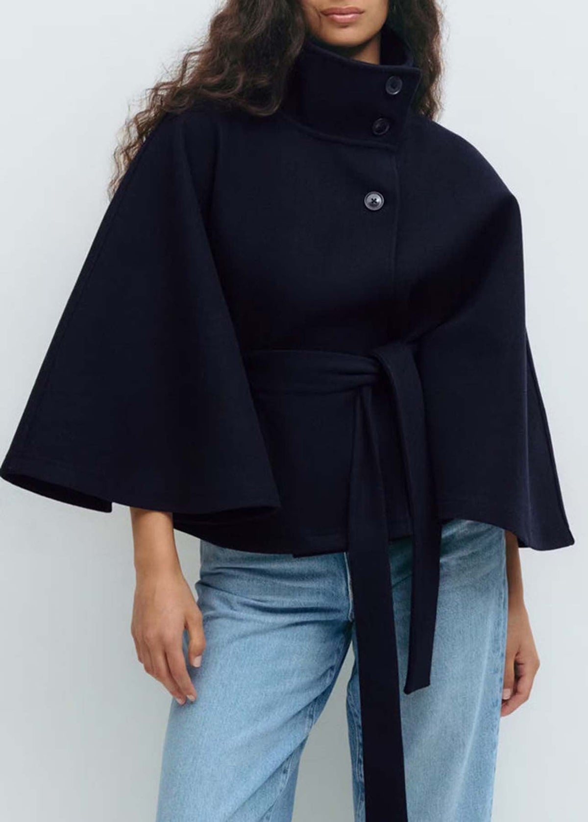 Women's Autumn | Winter Solid Color Cape Trench Coat – Stand Collar, Button Front, Belted Design, Elegant Fashion