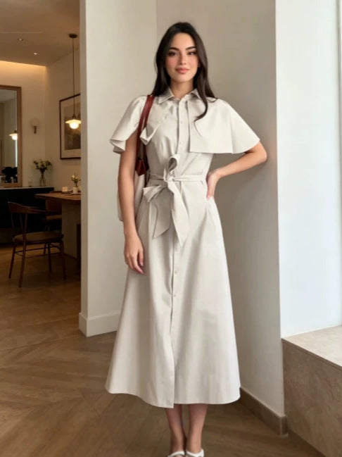 Shawl Sleeve Tie Waist Dress - Long Skirt Shirt Dress for Women