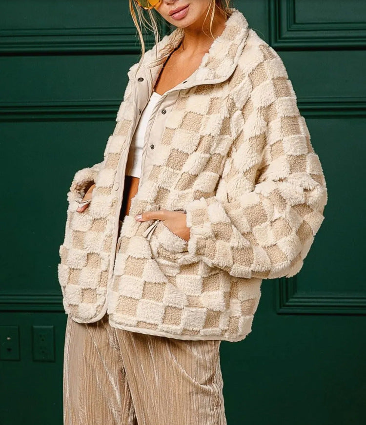 Plaid Faux Fur Coat for Women – Autumn/Winter Warm Jacket, Turn-Down Collar, Short Plush Design