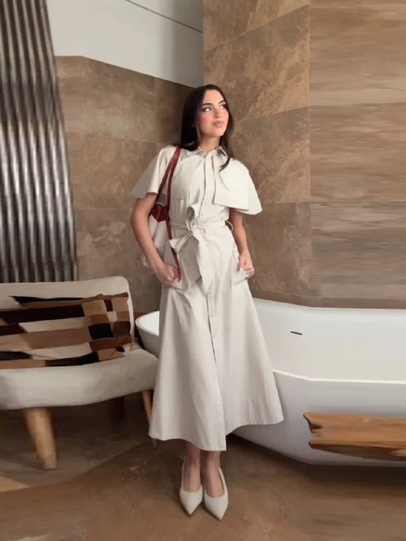 Shawl Sleeve Tie Waist Dress - Long Skirt Shirt Dress for Women