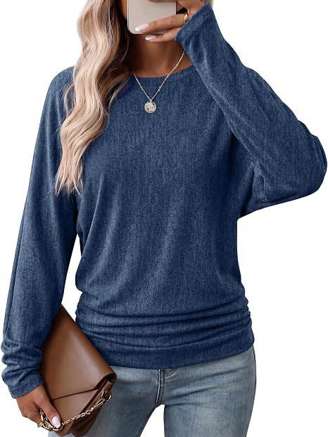 Women's Knit Top - Round Neck, Long Sleeve, Batwing, Casual Loose Fit, Side Ruched