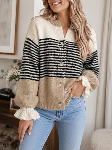 Striped Color-Blocked Knit Cardigan Sweater Jacket for Casual Wear