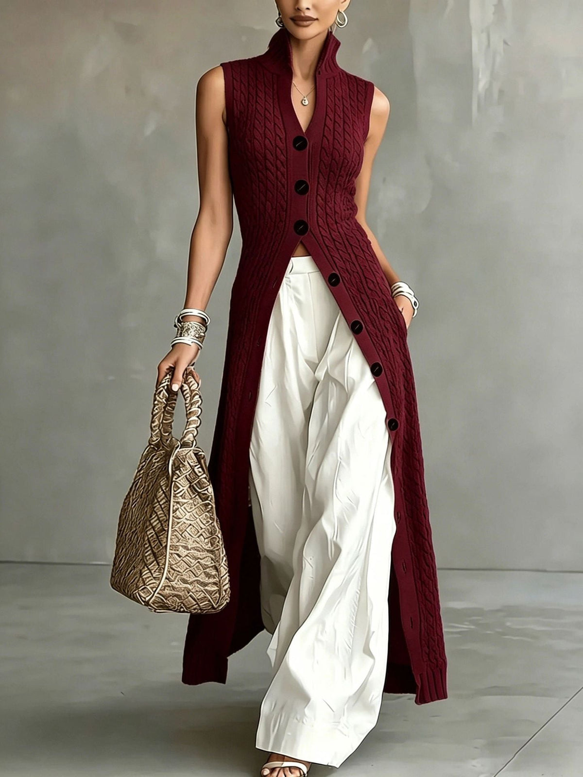 Knitted Slim-Fit Dress with V-Neck and Slit, White Spaghetti Strap – Casual, Party