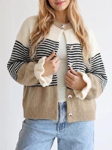 Striped Color-Blocked Knit Cardigan Sweater Jacket for Casual Wear