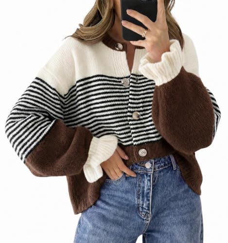 Striped Color-Blocked Knit Cardigan Sweater Jacket for Casual Wear