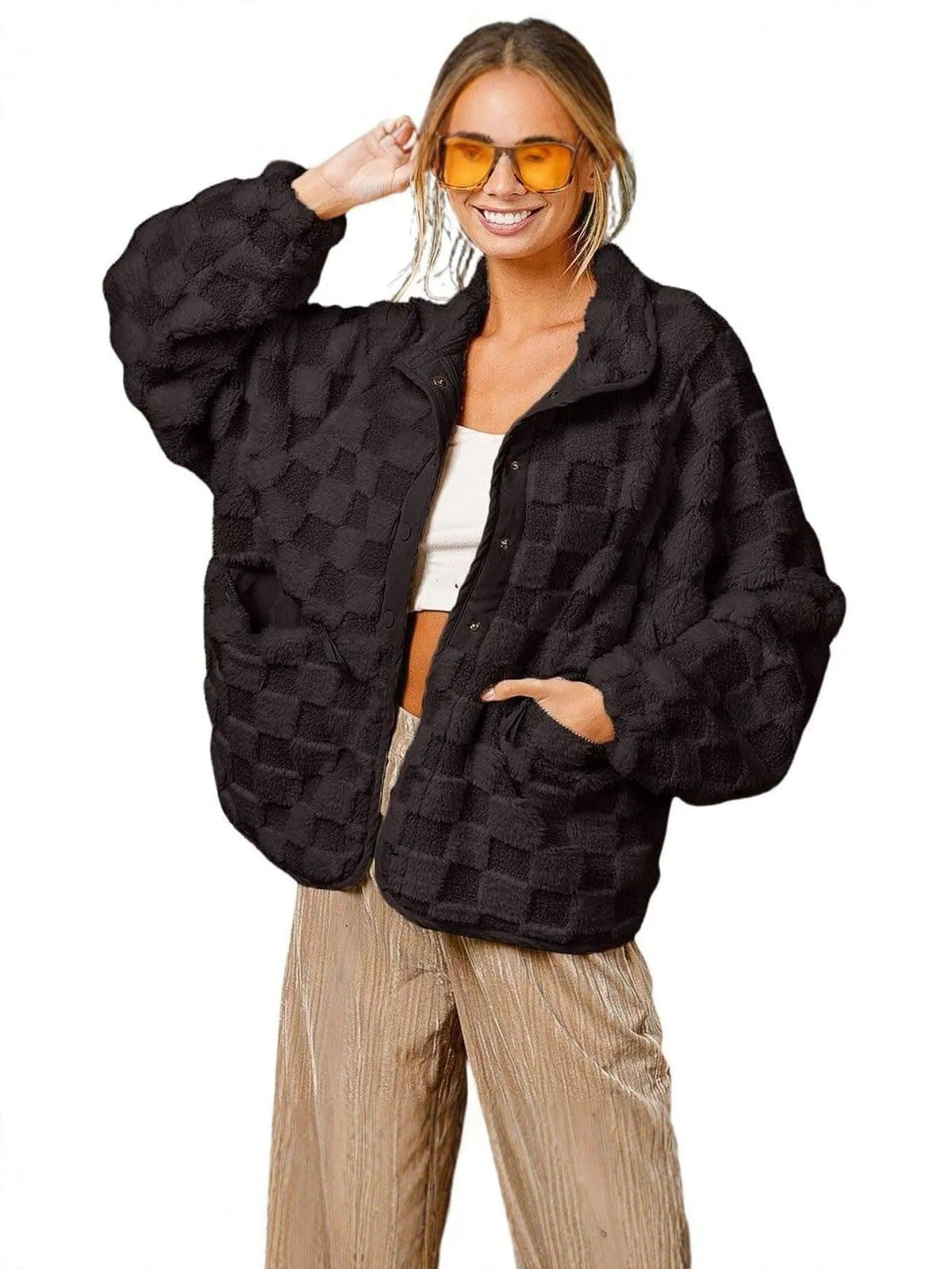 Plaid Faux Fur Coat for Women – Autumn/Winter Warm Jacket, Turn-Down Collar, Short Plush Design