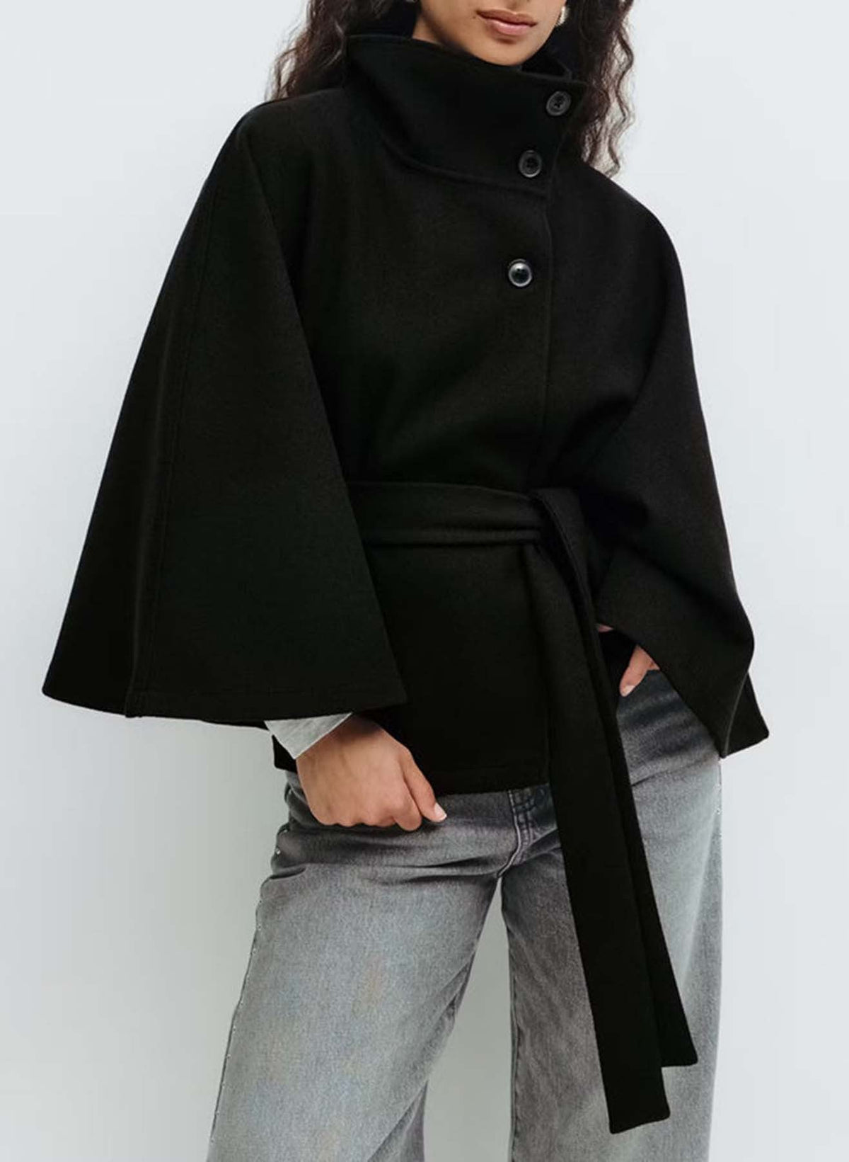 Women's Autumn | Winter Solid Color Cape Trench Coat – Stand Collar, Button Front, Belted Design, Elegant Fashion