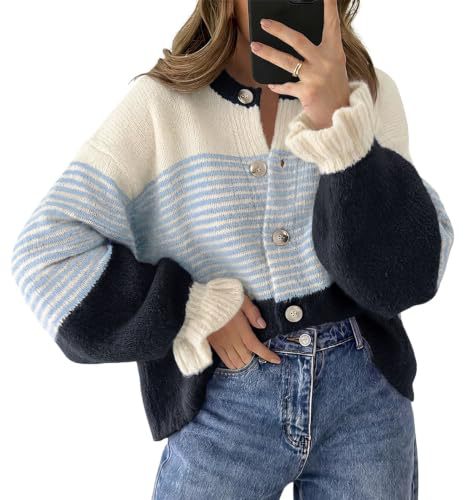 Striped Color-Blocked Knit Cardigan Sweater Jacket for Casual Wear
