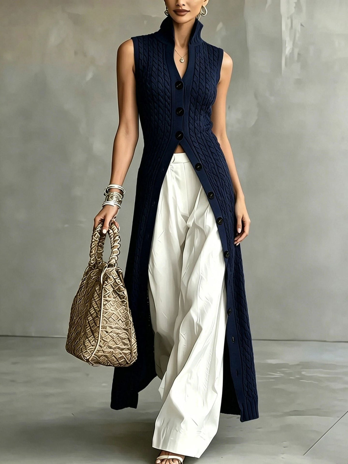 Knitted Slim-Fit Dress with V-Neck and Slit, White Spaghetti Strap – Casual, Party