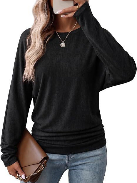 Women's Knit Top - Round Neck, Long Sleeve, Batwing, Casual Loose Fit, Side Ruched