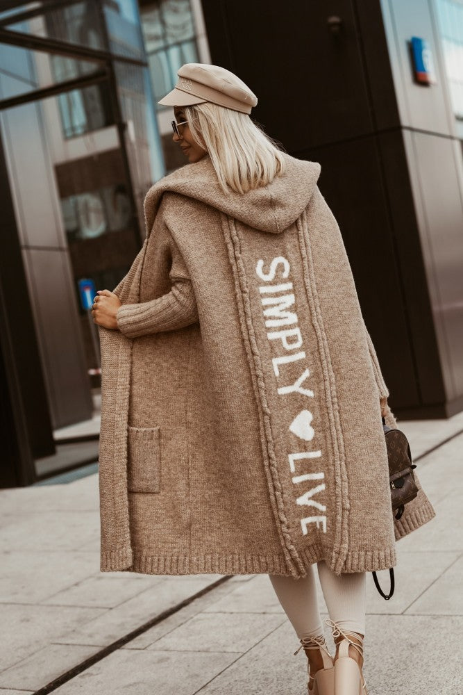 Long Cardigan Sweater with Hood and Turn-Down Collar for Autumn/Winter Wear