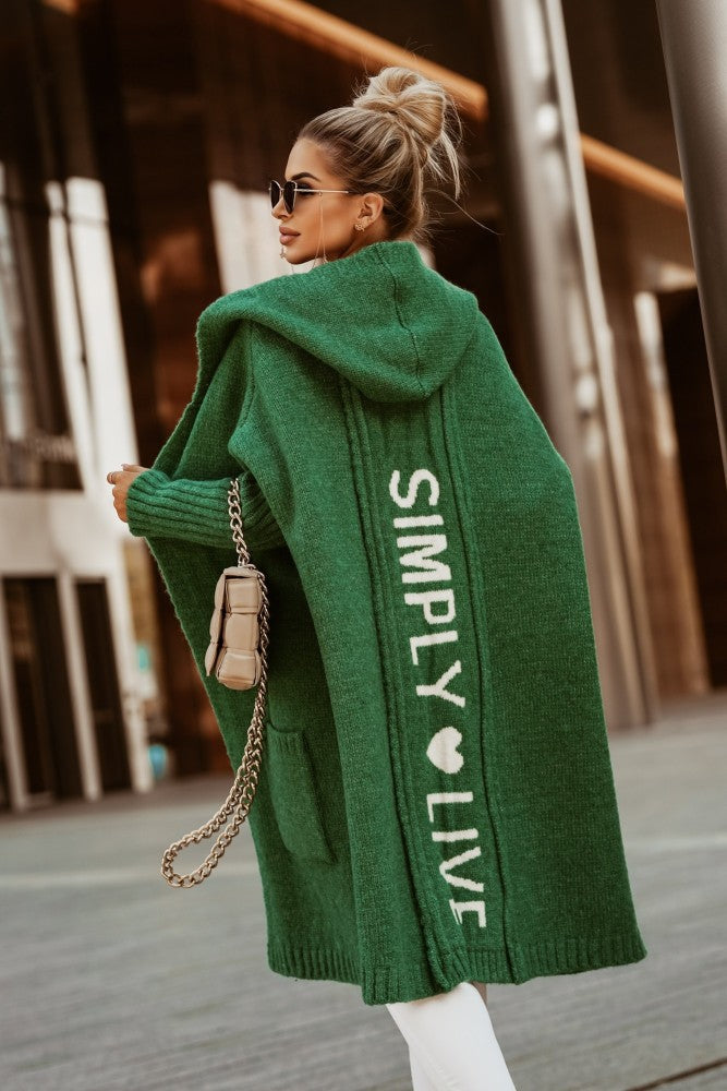 Long Cardigan Sweater with Hood and Turn-Down Collar for Autumn/Winter Wear