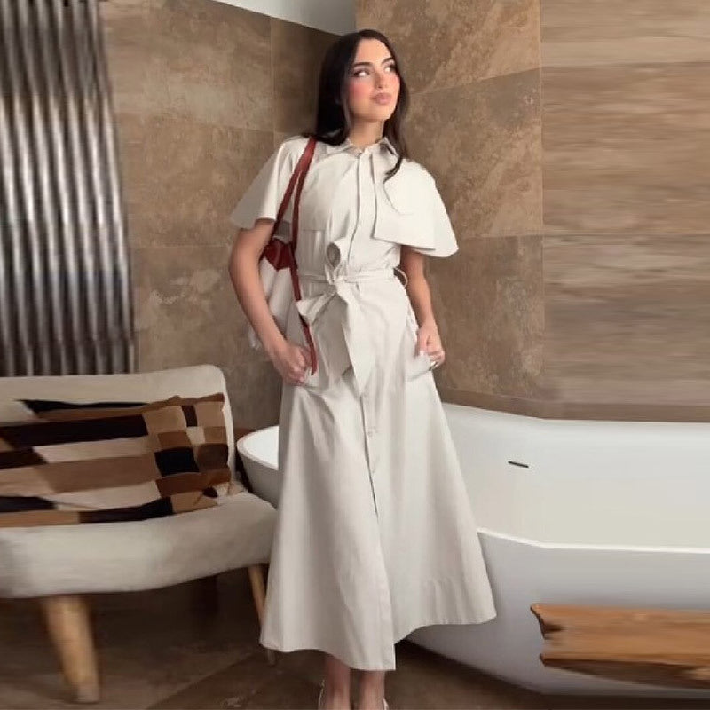Shawl Sleeve Tie Waist Dress - Long Skirt Shirt Dress for Women