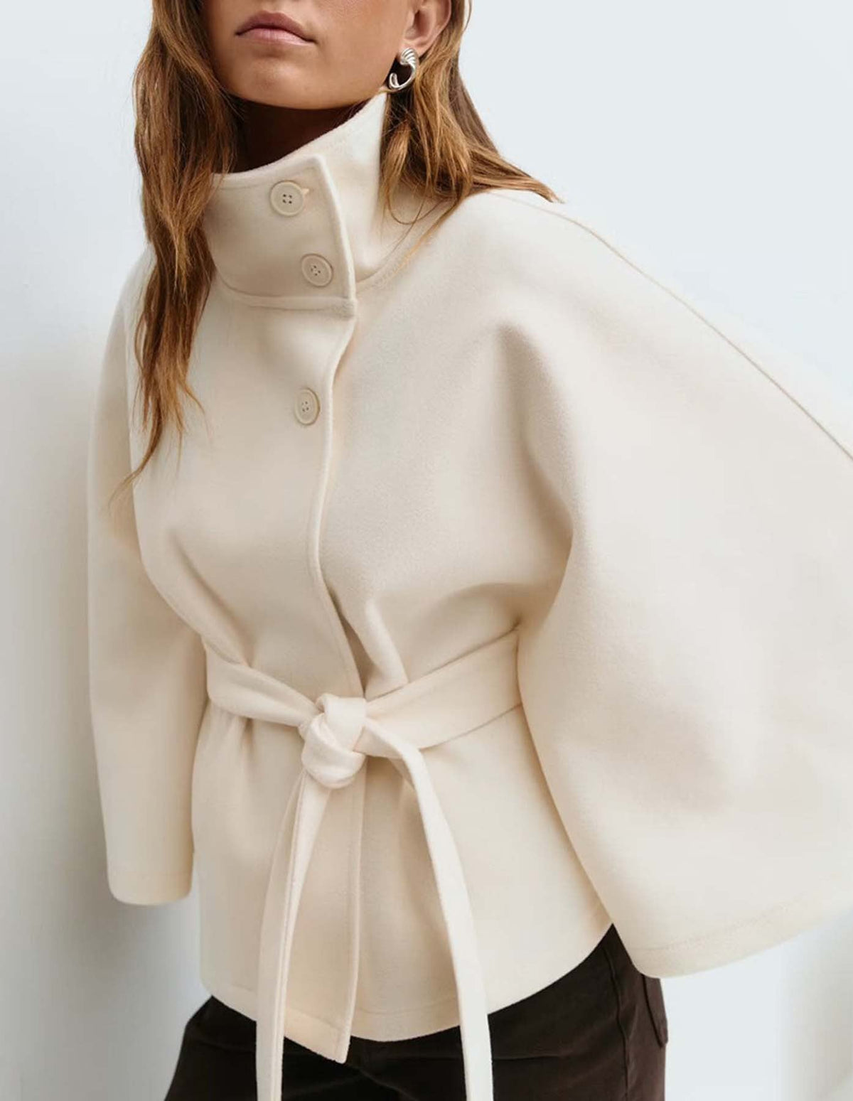 Women's Autumn | Winter Solid Color Cape Trench Coat – Stand Collar, Button Front, Belted Design, Elegant Fashion