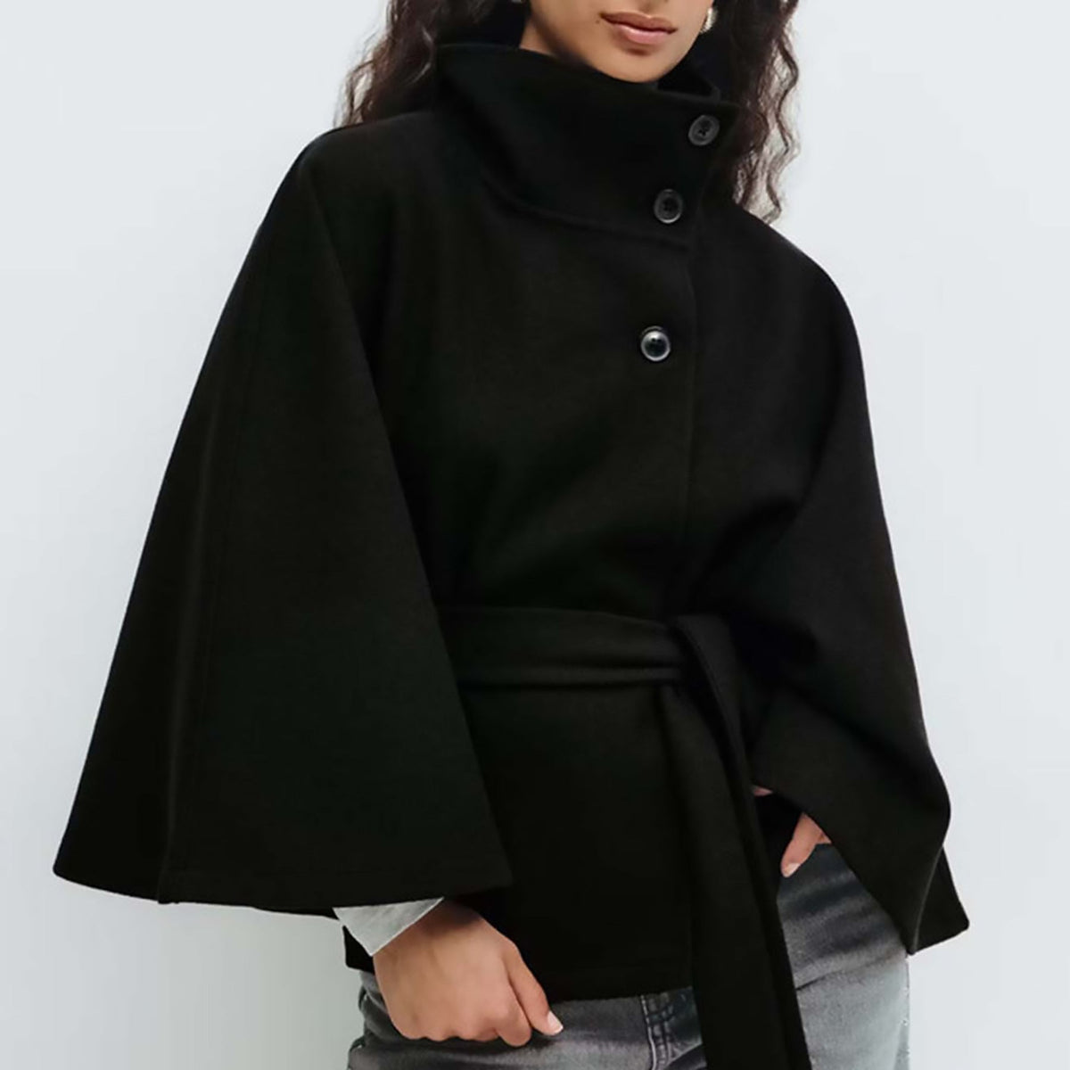 Women's Autumn | Winter Solid Color Cape Trench Coat – Stand Collar, Button Front, Belted Design, Elegant Fashion