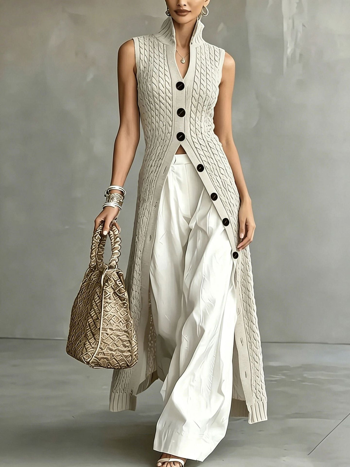 Knitted Slim-Fit Dress with V-Neck and Slit, White Spaghetti Strap – Casual, Party