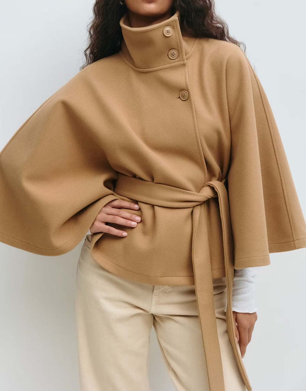 Women's Autumn | Winter Solid Color Cape Trench Coat – Stand Collar, Button Front, Belted Design, Elegant Fashion