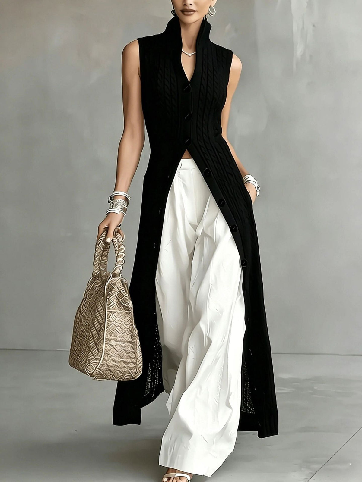 Knitted Slim-Fit Dress with V-Neck and Slit, White Spaghetti Strap – Casual, Party