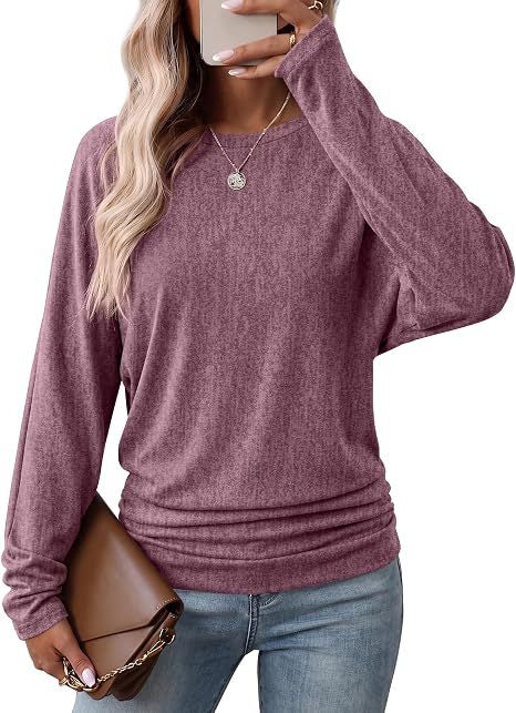 Women's Knit Top - Round Neck, Long Sleeve, Batwing, Casual Loose Fit, Side Ruched