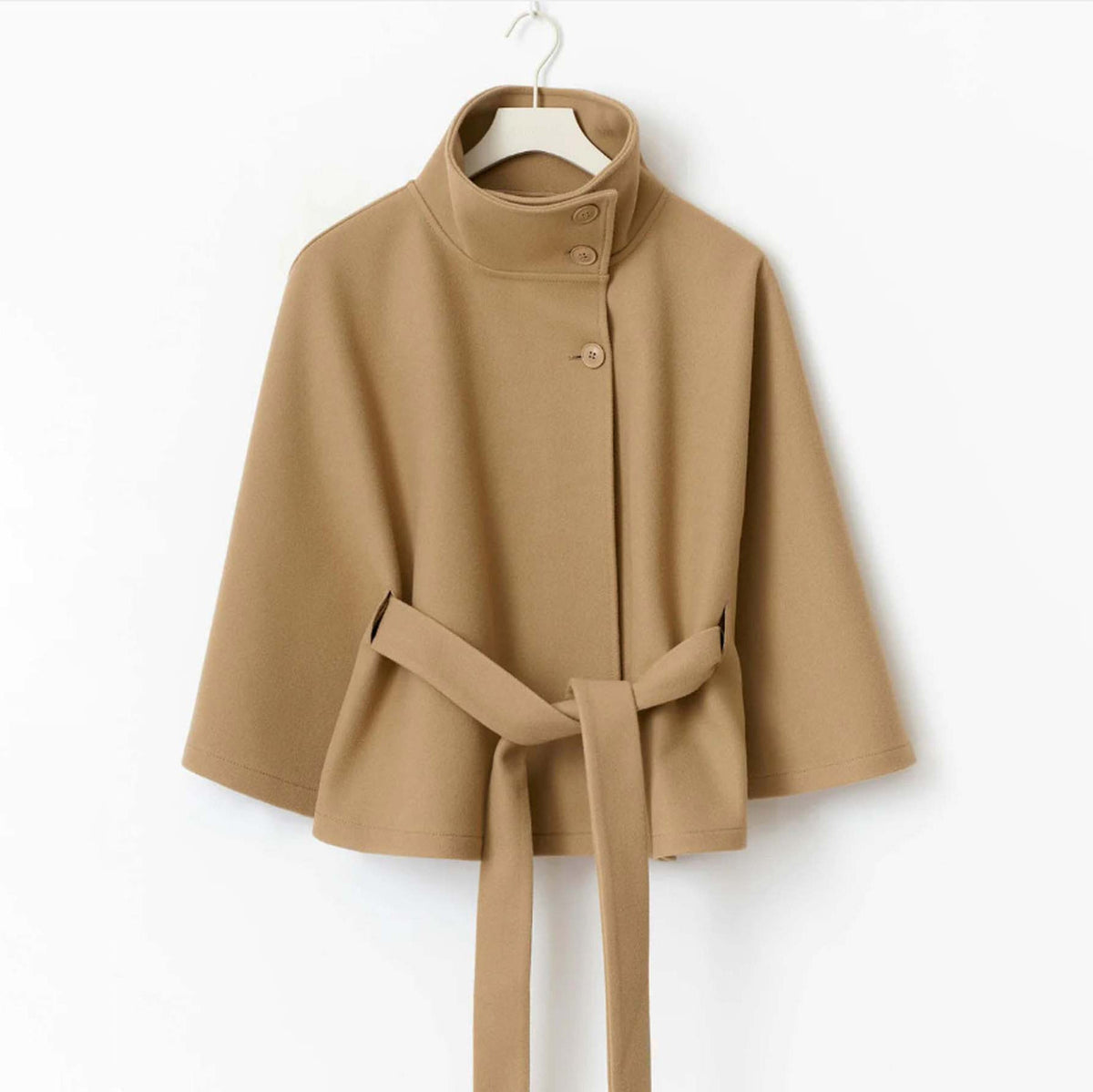 Women's Autumn | Winter Solid Color Cape Trench Coat – Stand Collar, Button Front, Belted Design, Elegant Fashion