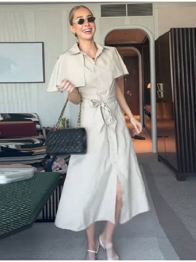 Shawl Sleeve Tie Waist Dress - Long Skirt Shirt Dress for Women