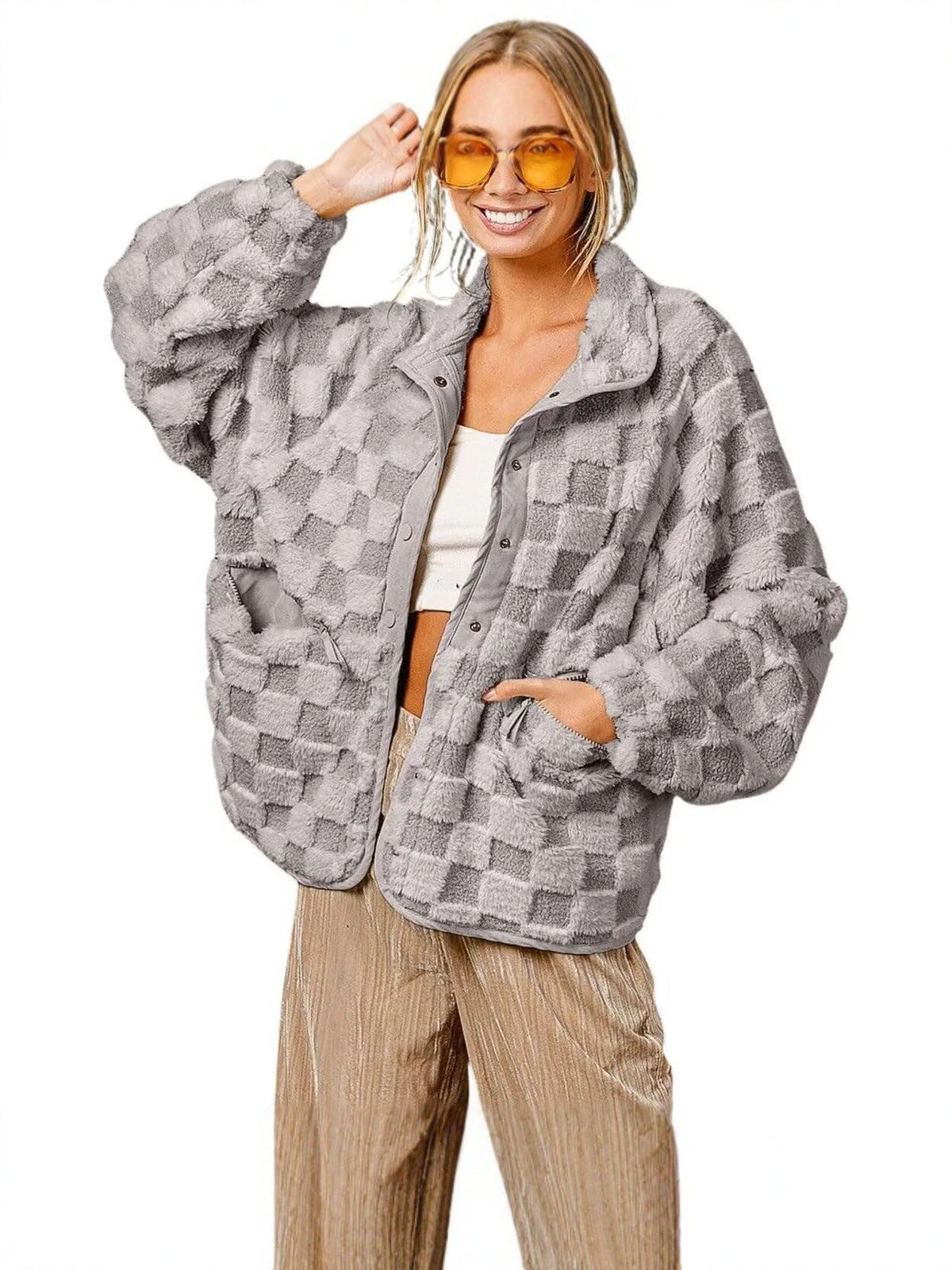 Plaid Faux Fur Coat for Women – Autumn/Winter Warm Jacket, Turn-Down Collar, Short Plush Design
