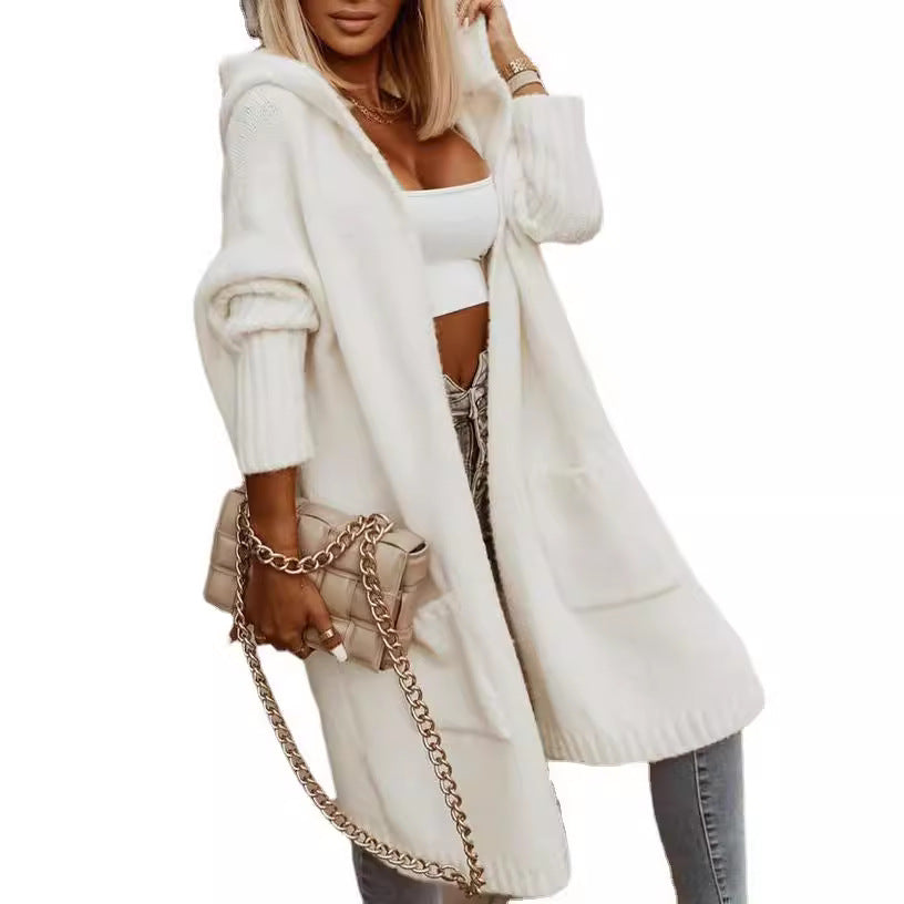 Long Cardigan Sweater with Hood and Turn-Down Collar for Autumn/Winter Wear