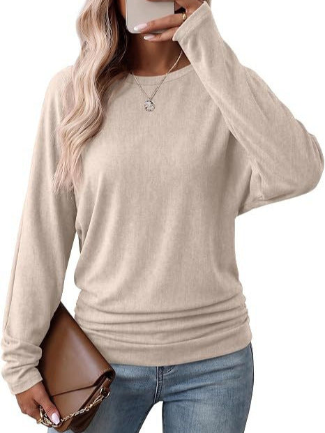 Women's Knit Top - Round Neck, Long Sleeve, Batwing, Casual Loose Fit, Side Ruched