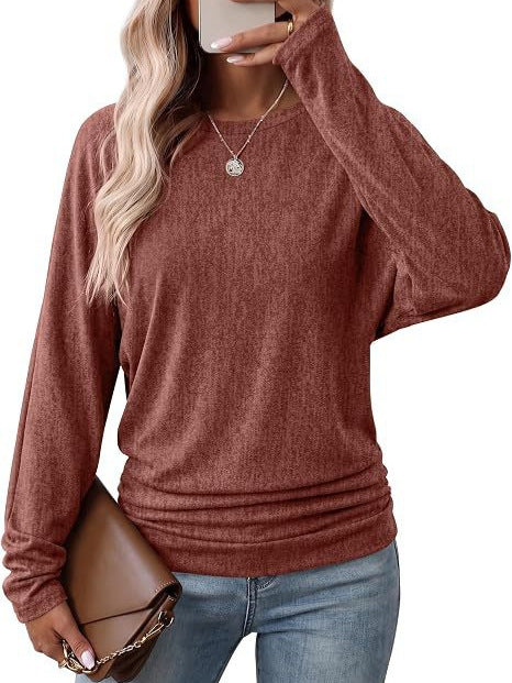 Women's Knit Top - Round Neck, Long Sleeve, Batwing, Casual Loose Fit, Side Ruched