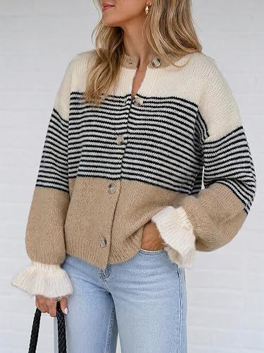 Striped Color-Blocked Knit Cardigan Sweater Jacket for Casual Wear