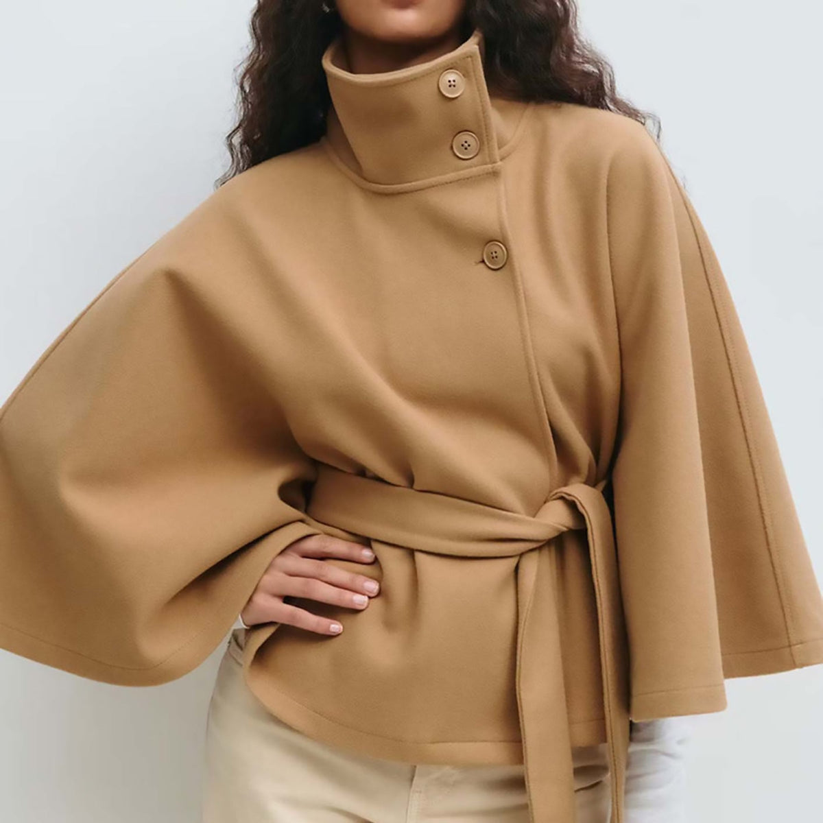 Women's Autumn | Winter Solid Color Cape Trench Coat – Stand Collar, Button Front, Belted Design, Elegant Fashion