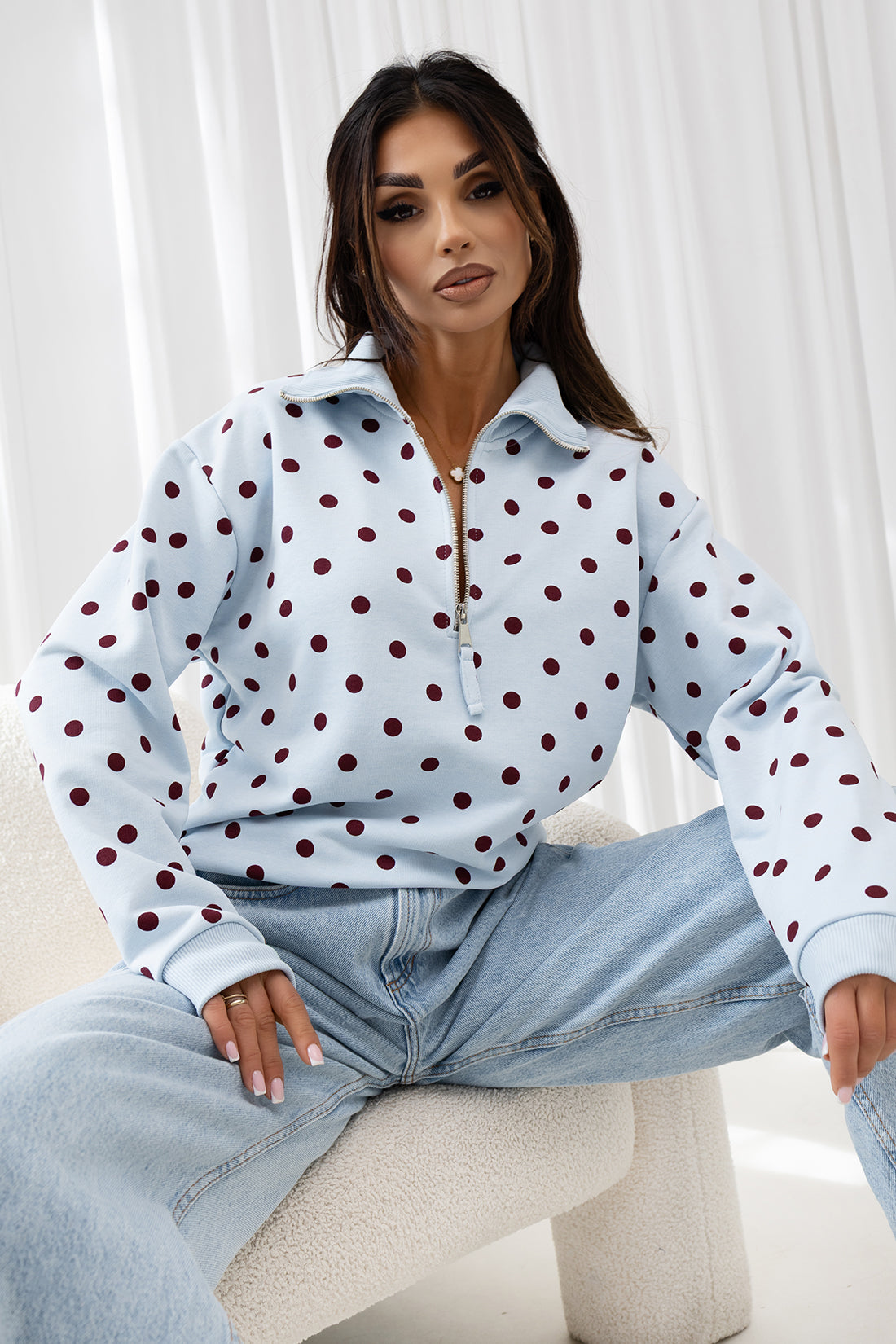 Oversized Blue Polka Dot Half-Zip Sweatshirt for Casual Wear